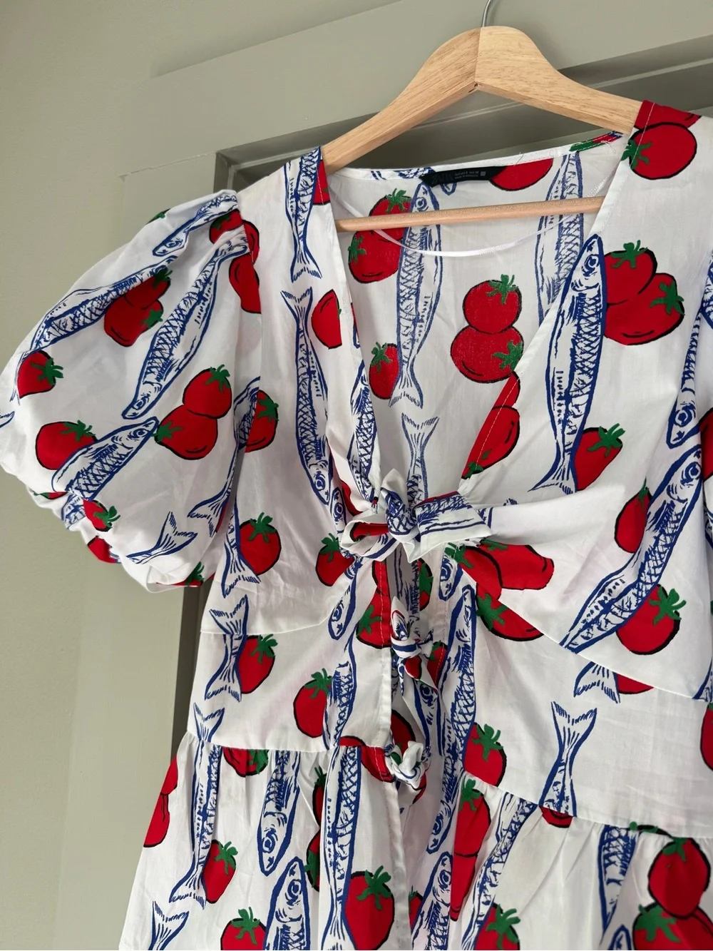 ZARA Tie-Front Puff Sleeve Top in Red Tomato Print